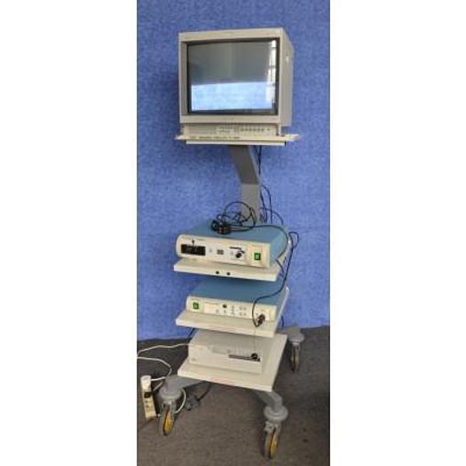 OLYMPUS/KEYMED IMAGING TROLLEY TI-1900 WITH SONY TRINITRON MONITOR, DYONICS 300XL XENON LIGHT SOURCE, SMITH AND NEPHEW 350 3-CCD