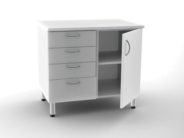 UNITÉ DOUBLE BASE 4 tiroirs + 1 porte avec 2 étagères - blanche